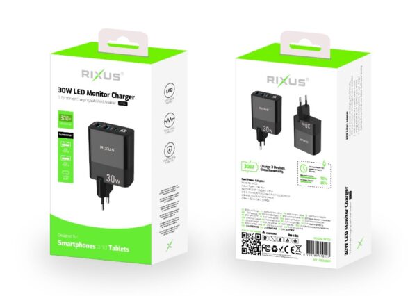 Rixus RX102 GaN Power Adapter snellader 30W 2x USB-A & 1x USB-C Zwart - Afbeelding 2