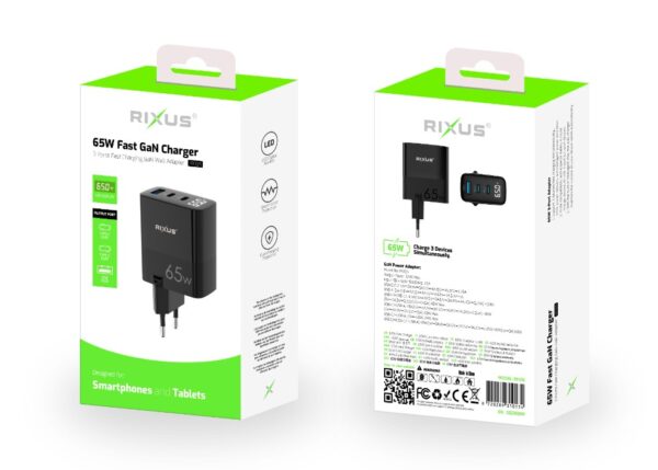 Rixus RX105 Power Adapter Snellader 65W 2x USB-C & 1x USB-A Zwart - Afbeelding 2