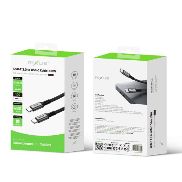 Rixus RXUC04 Datakabel USB-C to USB-C 2.0 100w 1 meter Zwart - Afbeelding 3