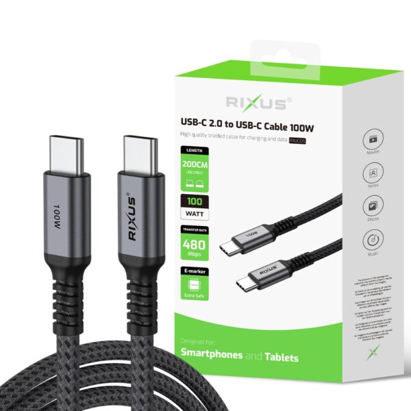 Rixus RXUC05 Datakabel USB-C to USB-C 2.0 100w 2 meter Zwart - Afbeelding 4