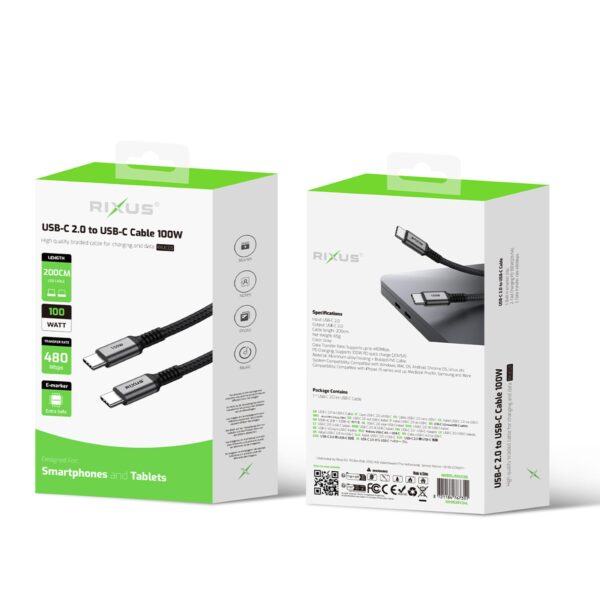 Rixus RXUC05 Datakabel USB-C to USB-C 2.0 100w 2 meter Zwart - Afbeelding 3