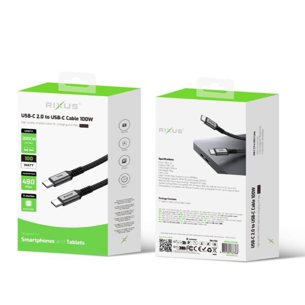 Rixus RXUC06 Datakabel USB-C to USB-C 2.0 100w 3 meter Zwart - Afbeelding 3