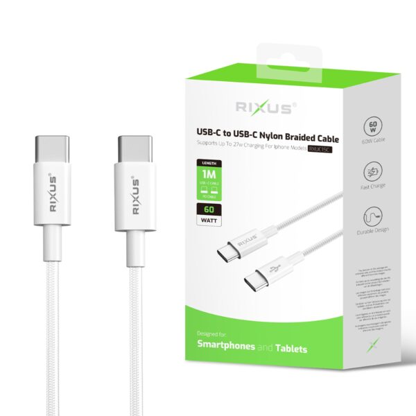 Rixus RXUC15C Datakabel USB-C to USB-C 1 meter Nylon Draad Wit - Afbeelding 2