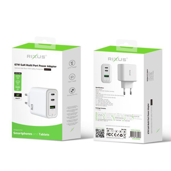 Rixus RXHC67 67W GaN Power Adapter Snellader 2x USB-C & 1x USB-A - Afbeelding 4