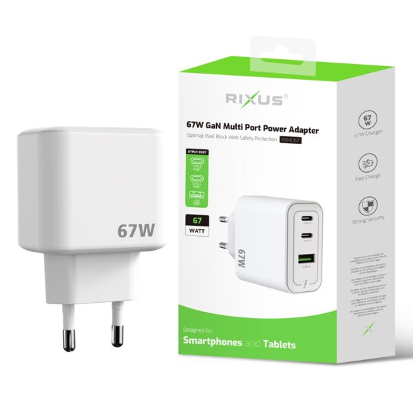 Rixus RXHC67 67W GaN Power Adapter Snellader 2x USB-C & 1x USB-A - Afbeelding 5