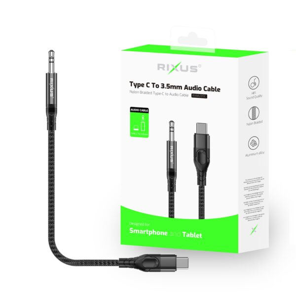 Rixus RXMU35C 3.5mm AUX-kabel to USB-C  120cm Zwart - Afbeelding 2