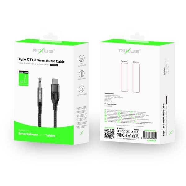 Rixus RXMU35C 3.5mm AUX-kabel to USB-C  120cm Zwart - Afbeelding 3