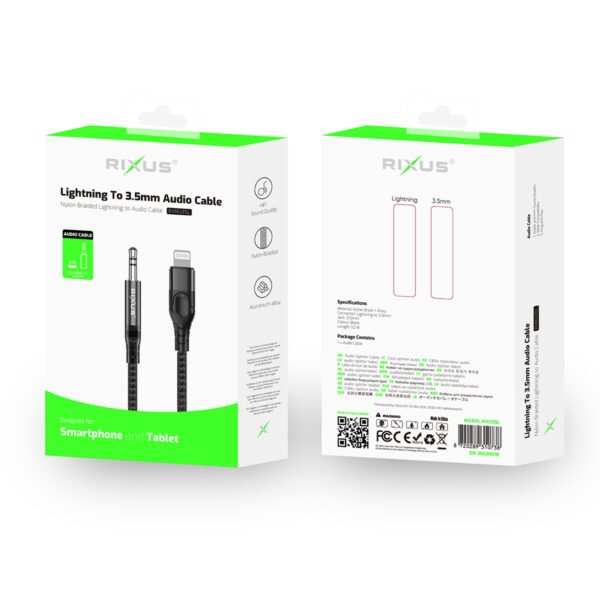 Rixus RXMU35L 3.5mm AUX-kabel to Lightning 120cm Zwart - Afbeelding 2
